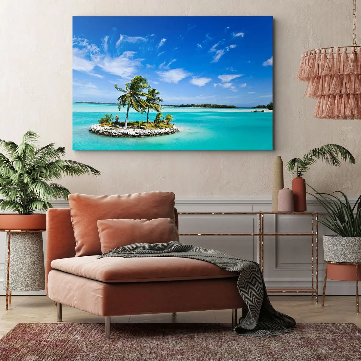 Quadro em tela - Uma ilha exótica com palmeiras em águas azul-turquesa - 70x50cm - Paraíso na terra - Decoração de parede moderna para a sala de estar e quarto ARTTOR