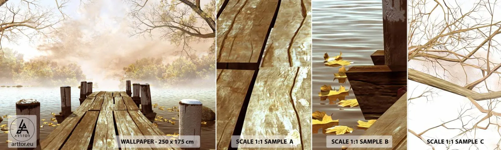 Amostra de papel de parede autocolante Deluxe Sticker - A leve tristeza do outono - Paisagem, Lago, Ponte de madeira - 100x30 cm