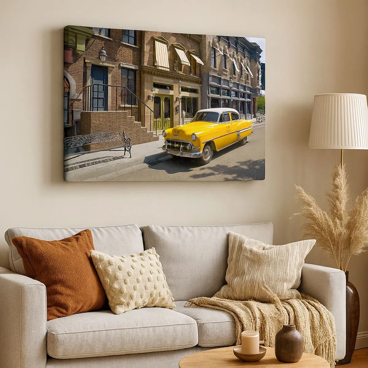 Quadro em tela - Um táxi amarelo em uma rua ladeada por casas de temporada - 70x50cm - Era uma vez na América - Decoração de parede moderna para a sala de estar e quarto ARTTOR