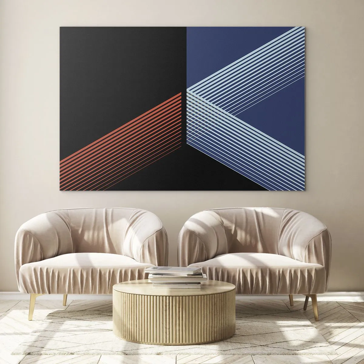 Quadro em vidro - Uma composição geométrica moderna com linhas e contraste de cores. - 70x50cm - Uma história simples - Decoração de parede moderna para a sala de estar e quarto ARTTOR