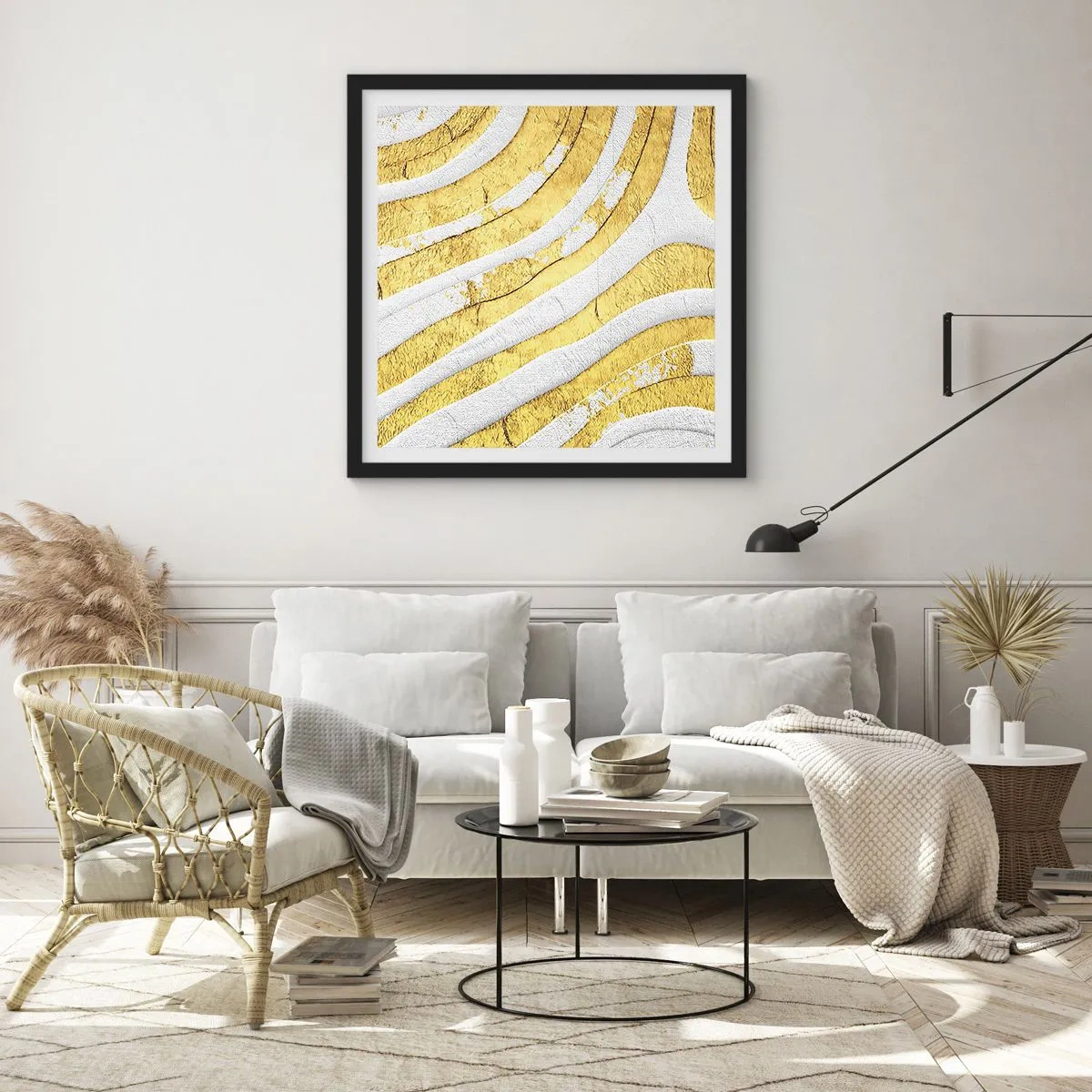 Pôster com moldura preta - Composição a branco e ouro - 50x50 cm