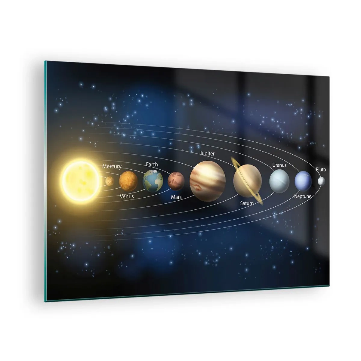 Quadro em vidro - O sistema solar com planetas e estrelas ao fundo - 70x50cm - Um de dez - Decoração de parede moderna para a sala de estar e quarto ARTTOR