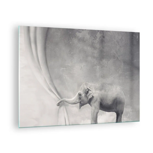 Quadro em vidro - Um elefante em um cenário surreal com uma cortina - 70x50cm - Desvendando o mistério - Decoração de parede moderna para a sala de estar e quarto ARTTOR