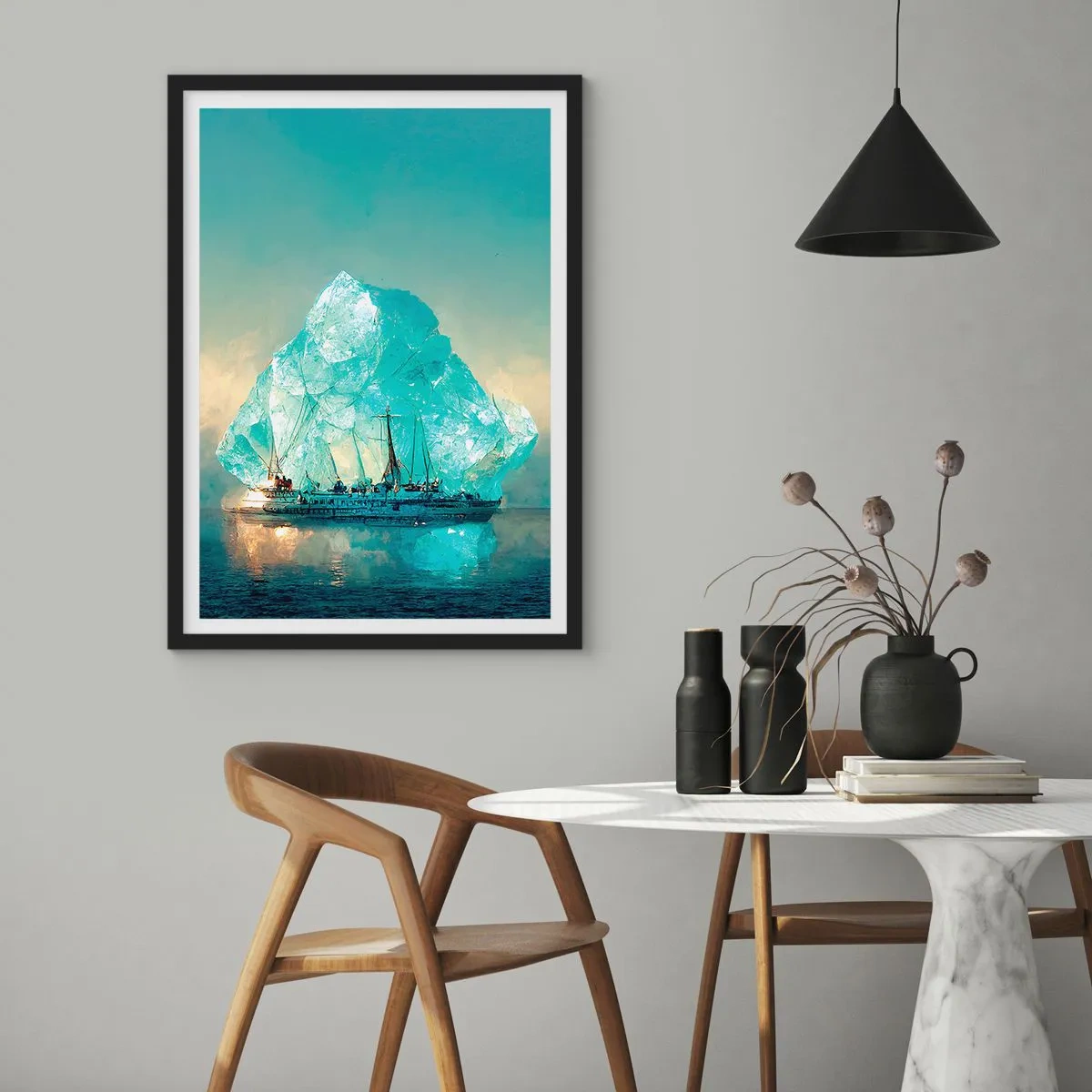 Pôster com moldura preta - Um navio perto de um iceberg gigante - 50x70cm - Diamante Ártico - Decoração de parede moderna para a sala de estar e quarto ARTTOR
