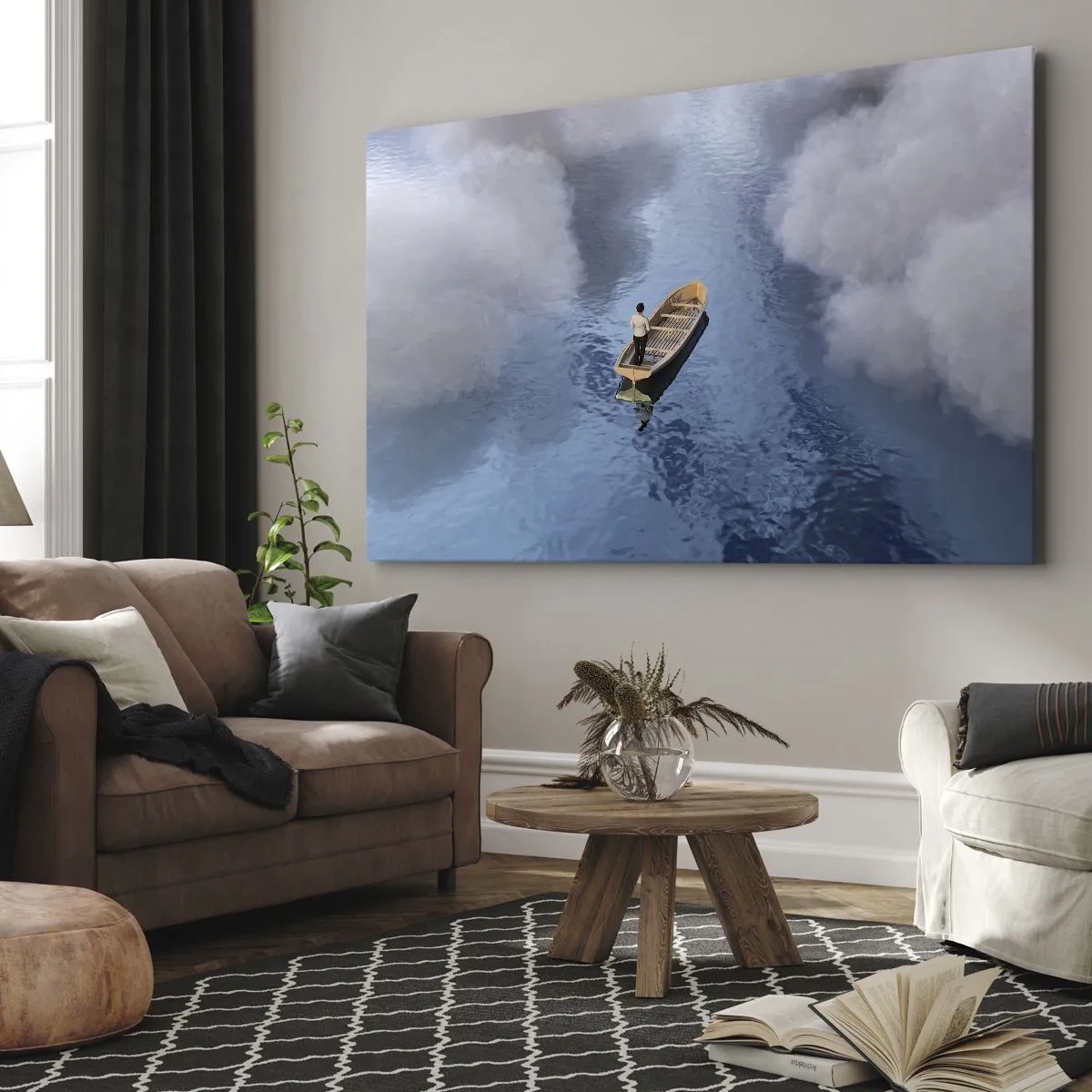 Quadro em tela - Um homem em um barco em um mar calmo cercado por nuvens - 70x50cm - Vida – jornada – desconhecido - Decoração de parede moderna para a sala de estar e quarto ARTTOR
