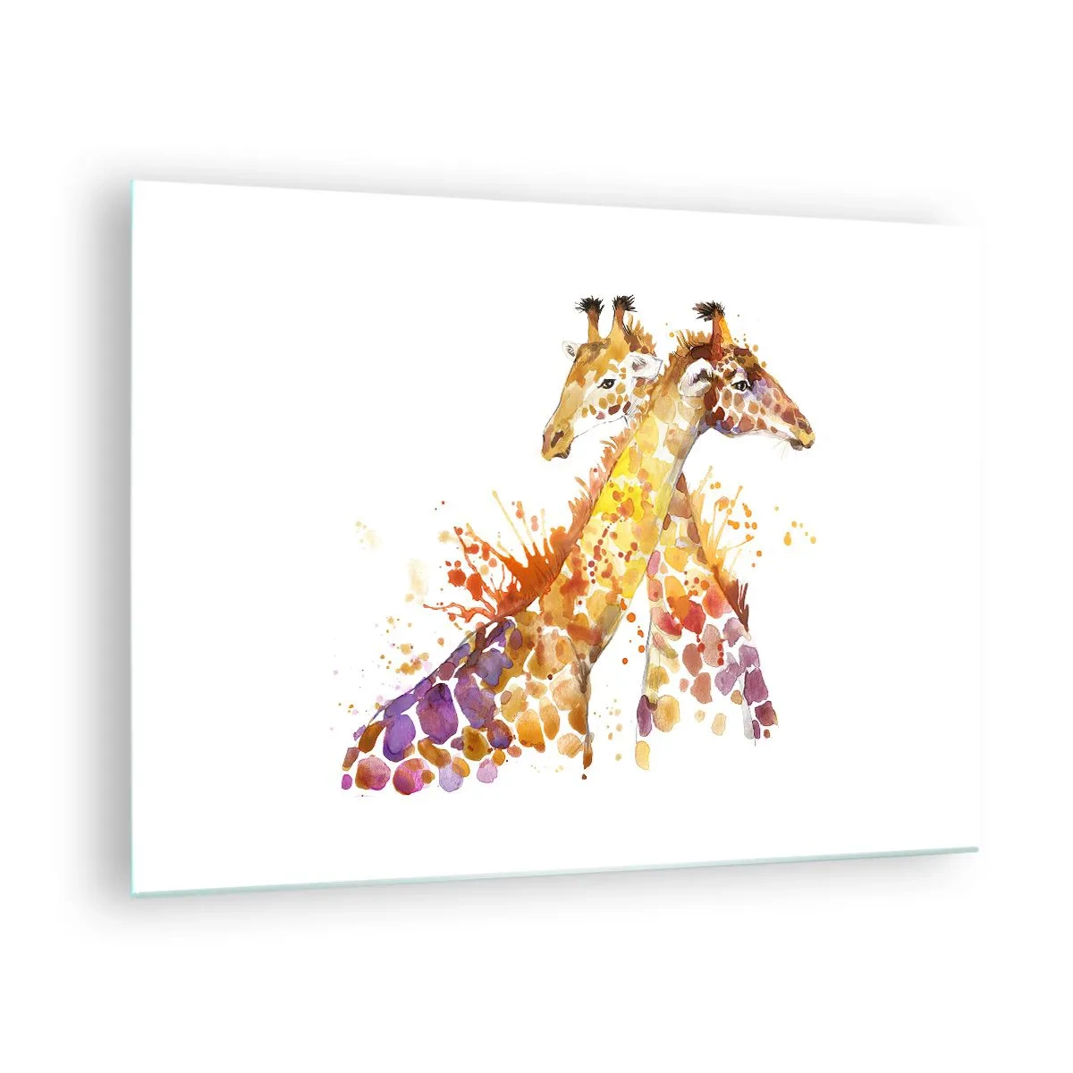 Quadro em vidro - Girafas artísticas em estilo aquarela sobre fundo branco - 70x50cm - É amizade ou é amor? - Decoração de parede moderna para a sala de estar e quarto ARTTOR