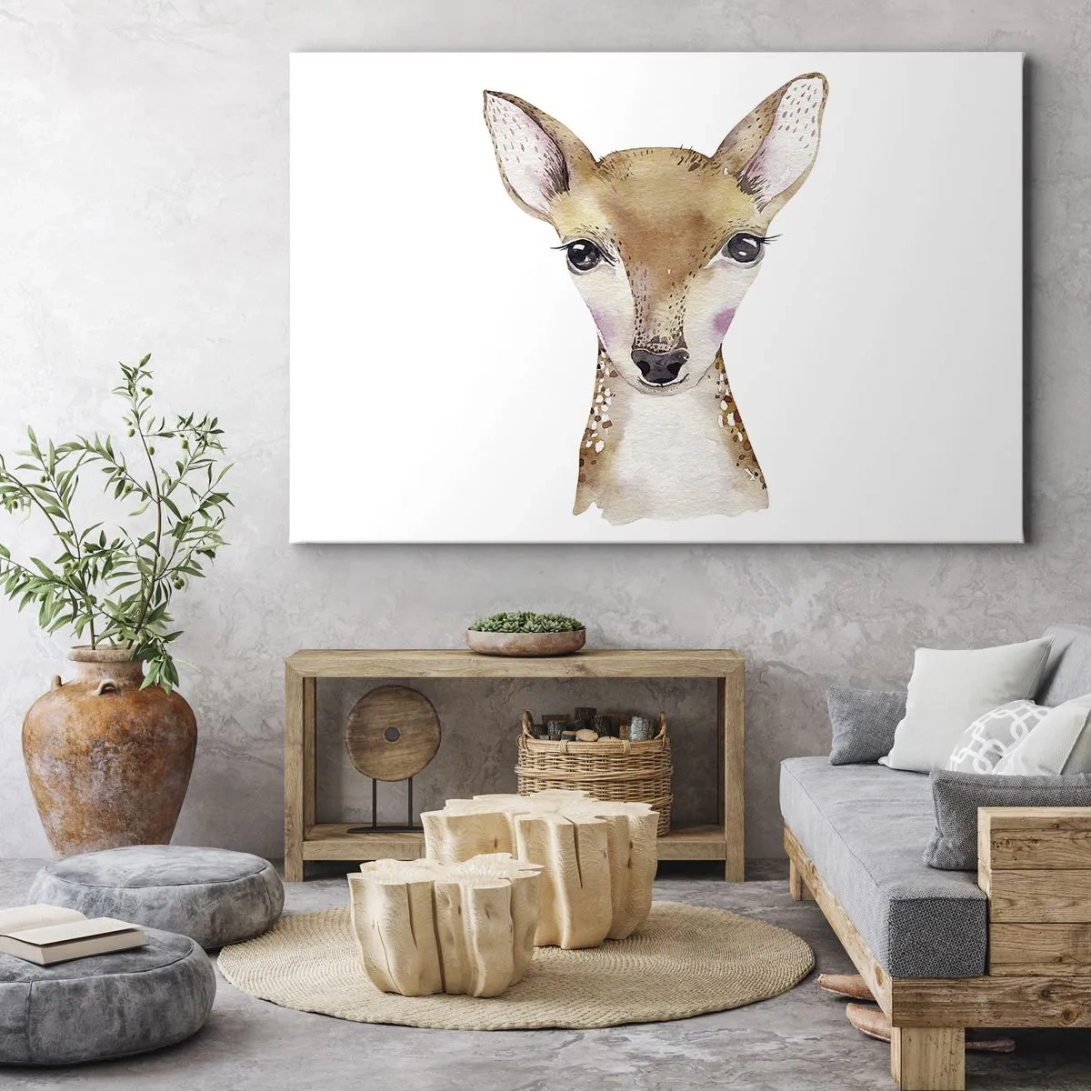 Quadro em tela - Retrato em aquarela de um jovem veado em um fundo branco - 70x50cm - A Natureza da Inocência - Decoração de parede moderna para a sala de estar e quarto ARTTOR