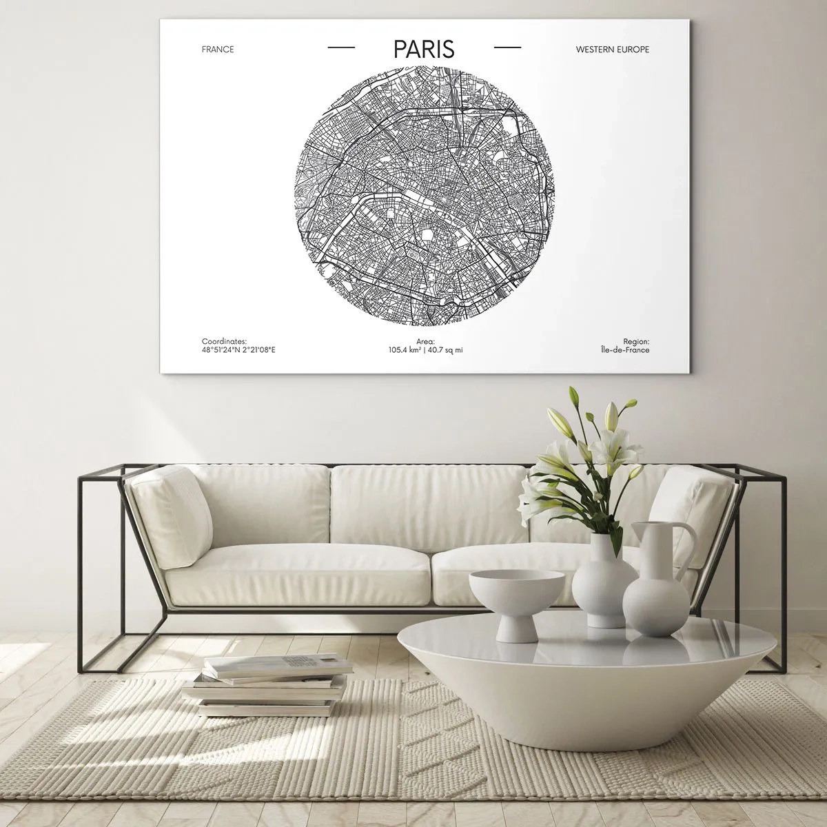 Quadro em vidro - Um mapa circular de Paris em ilustração em preto e branco - 70x50cm - Anatomia de Paris - Decoração de parede moderna para a sala de estar e quarto ARTTOR