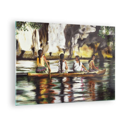 Quadro em vidro - Mulheres em um barco com o cenário de rochas pitorescas e água - 70x50cm - Num paraíso polinésio - Decoração de parede moderna para a sala de estar e quarto ARTTOR