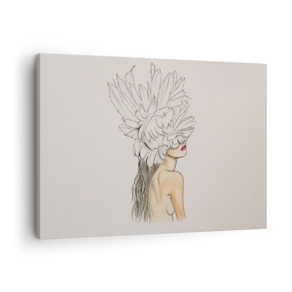 Quadro em tela - Retrato de uma mulher com decoração de penas em estilo artístico - 70x50cm - Beleza coroada - Decoração de parede moderna para a sala de estar e quarto ARTTOR
