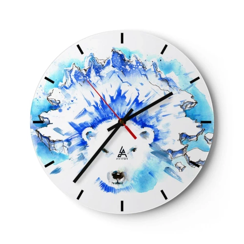 Relógio de parede - Relógio em vidro - Um urso branco com uma coroa de gelo em tons de azul e branco - 30x30cm - O Rei do Ártico em uma coroa de gelo - Decoração de parede moderna para a sala de estar, cozinha e quarto ARTTOR
