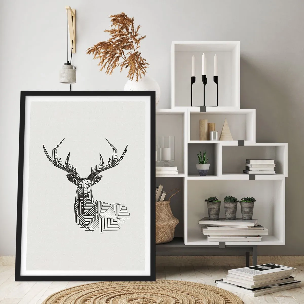 Pôster com moldura preta - Silhueta geométrica de um veado em estilo preto e branco - 50x70cm - Veado em estilo cubista - Decoração de parede moderna para a sala de estar e quarto ARTTOR