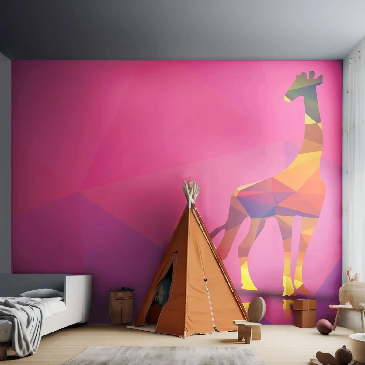 Papel de Parede Premium Canvas - Nas cores da savana - Animais, Girafa, Figura Geométrica - 300x210 cm
