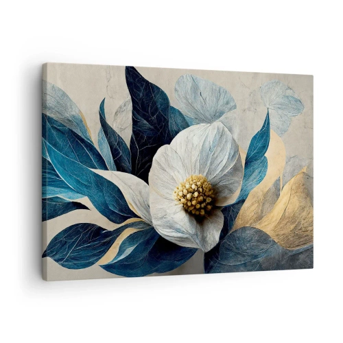 Quadro em tela - Uma flor com folhas azuis em um fundo elegante - 70x50cm - Tem um coração de ouro - Decoração de parede moderna para a sala de estar e quarto ARTTOR