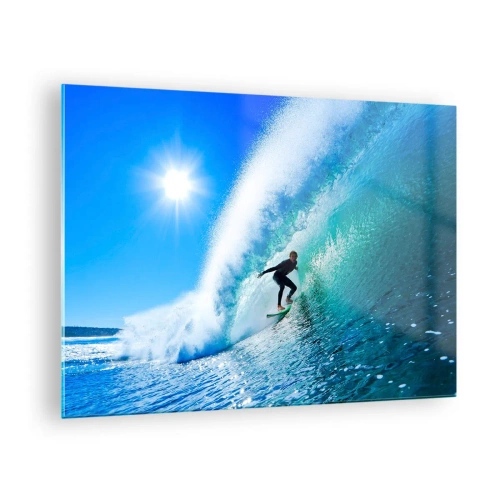 Quadro em vidro - Surfista em uma onda em um dia ensolarado - 70x50cm - Azul gigante - Decoração de parede moderna para a sala de estar e quarto ARTTOR