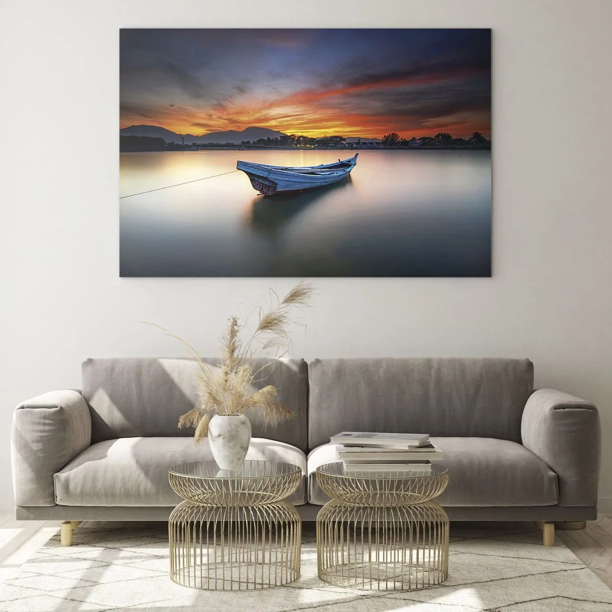 Quadro em vidro - Barco de madeira no lago ao pôr do sol - 70x50cm - Uma boa noite se aproxima - Decoração de parede moderna para a sala de estar e quarto ARTTOR
