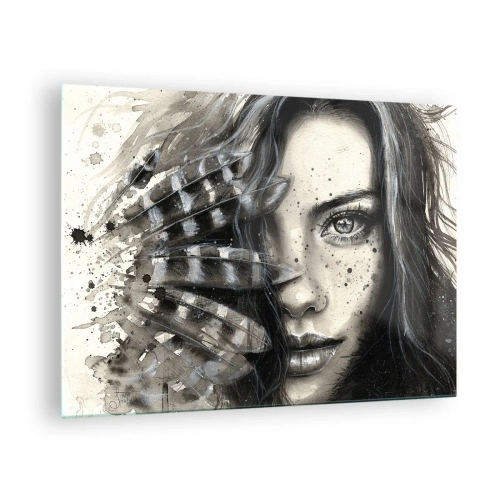 Quadro em vidro - Retrato de uma mulher com penas e detalhes abstratos - 70x50cm - Beleza selvagem - Decoração de parede moderna para a sala de estar e quarto ARTTOR