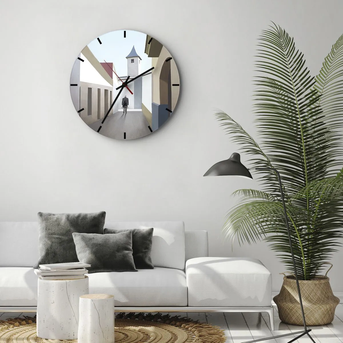 Relógio de parede - Relógio em vidro - Uma figura contra o fundo de uma rua da cidade em um cenário geométrico e brilhante - 30x30cm - Um passeio ensolarado - Decoração de parede moderna para a sala de estar, cozinha e quarto ARTTOR