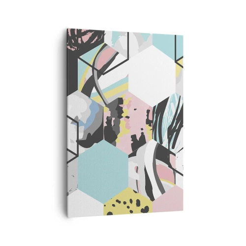 Quadro em tela - Hexágonos e cubos em seis cores - 70x100 cm