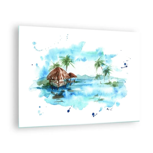 Quadro em vidro - Paisagem tropical com palmeiras e uma casa de campo em estilo aquarela - 70x50cm - Algures no Pacífico - Decoração de parede moderna para a sala de estar e quarto ARTTOR
