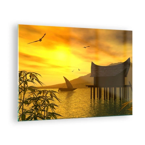 Quadro em vidro - Pôr do sol sobre o lago com uma casa sobre palafitas - 70x50cm - A desejada paz - Decoração de parede moderna para a sala de estar e quarto ARTTOR