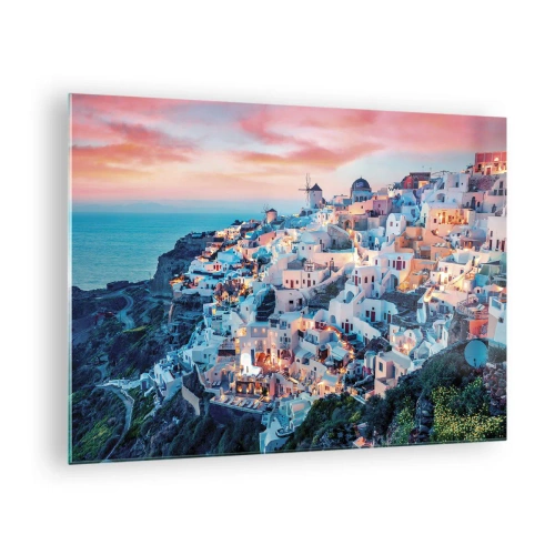 Quadro em vidro - Cidade grega no penhasco ao entardecer com vista para o mar - 70x50cm - As suas grandes férias gregas - Decoração de parede moderna para a sala de estar e quarto ARTTOR