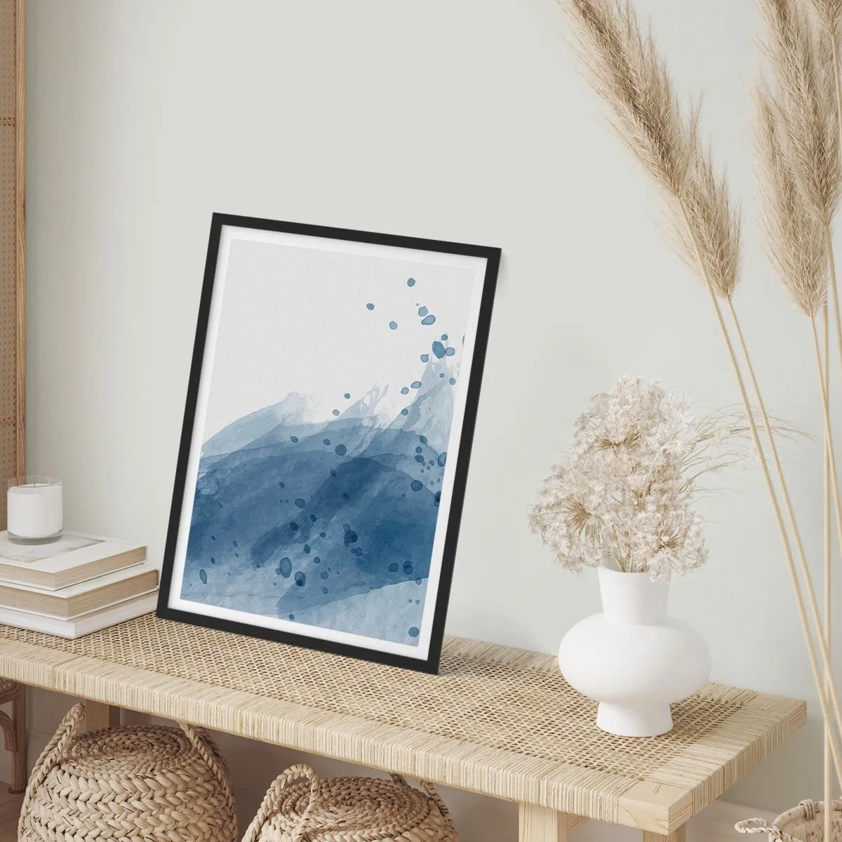 Pôster com moldura preta - Ondas de aquarela em tons de azul - 50x70cm - Tule azul - Decoração de parede moderna para a sala de estar e quarto ARTTOR