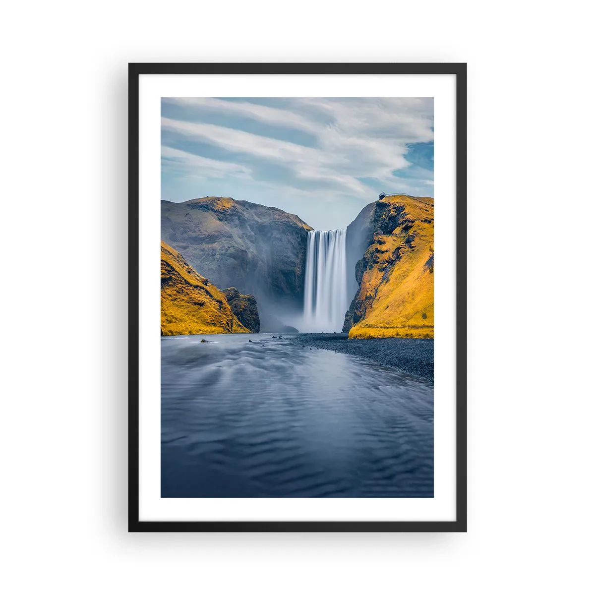 Pôster com moldura preta - Uma cachoeira descendo das montanhas cercadas por encostas douradas - 50x70cm - Eterno permanecer, eterno movimento  - Decoração de parede moderna para a sala de estar e quarto ARTTOR