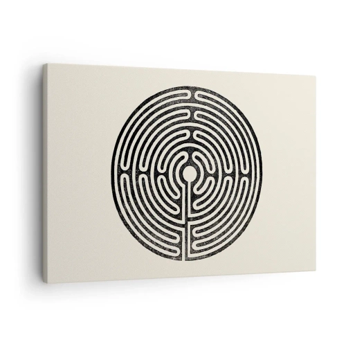 Quadro em tela - Labirinto circular preto e branco sobre fundo claro - 70x50cm - Ordem misteriosa - Decoração de parede moderna para a sala de estar e quarto ARTTOR