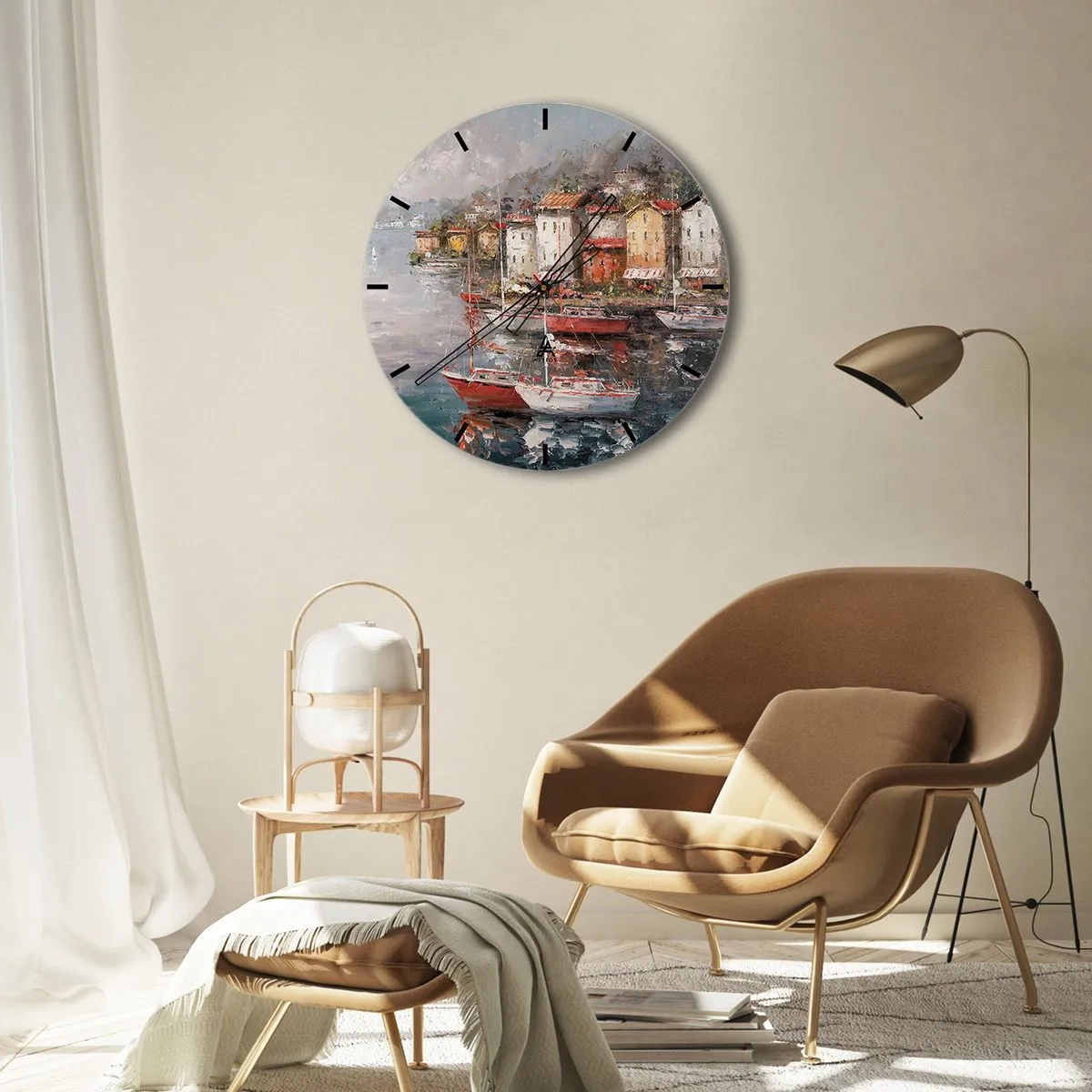 Relógio de parede - Relógio em vidro - Um porto pitoresco com veleiros e edifícios costeiros - 30x30cm - Refúgio romântico - Decoração de parede moderna para a sala de estar, cozinha e quarto ARTTOR