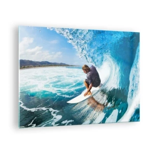 Quadro em vidro - Surfista em um túnel de água com o oceano ao fundo - 70x50cm - Dançando com as ondas - Decoração de parede moderna para a sala de estar e quarto ARTTOR