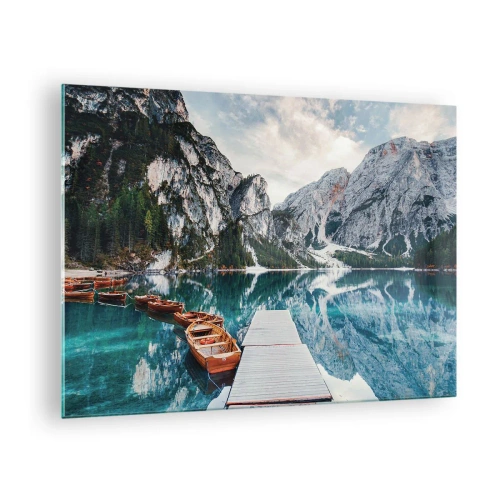 Quadro em vidro - Uma ponte de madeira sobre um lago turquesa nas montanhas - 70x50cm - Vamos mostrar-lhe a beleza - Decoração de parede moderna para a sala de estar e quarto ARTTOR