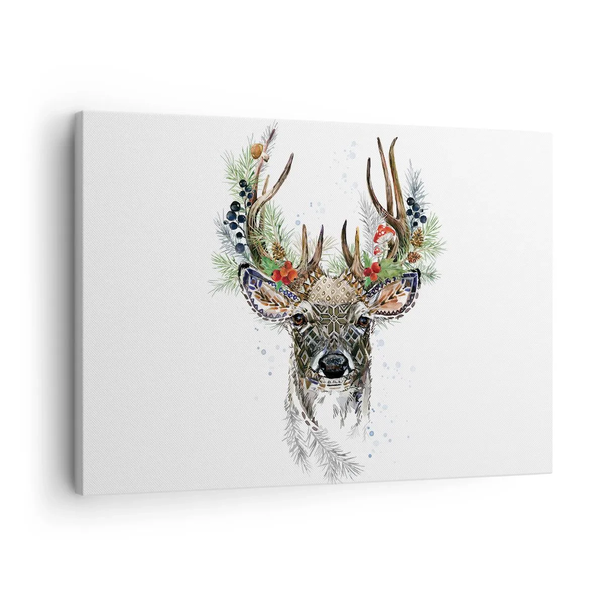 Quadro em tela - Veado estilizado com chifres decorativos em fundo branco - 70x50cm - Num manto festivo - Decoração de parede moderna para a sala de estar e quarto ARTTOR