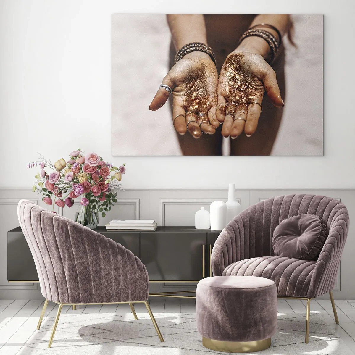 Quadro em vidro - Mãos abertas com brilho em luz quente - 70x50cm - Um presente para si - Decoração de parede moderna para a sala de estar e quarto ARTTOR