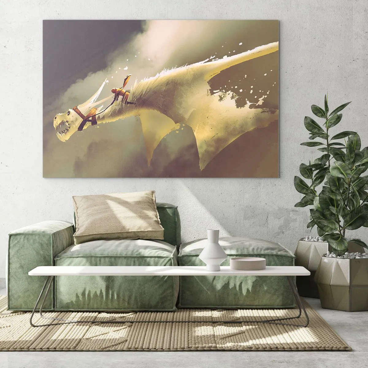 Quadro em vidro - Uma figura nas costas de um dragão branco em uma paisagem enevoada - 70x50cm - A resgatar o mundo - Decoração de parede moderna para a sala de estar e quarto ARTTOR