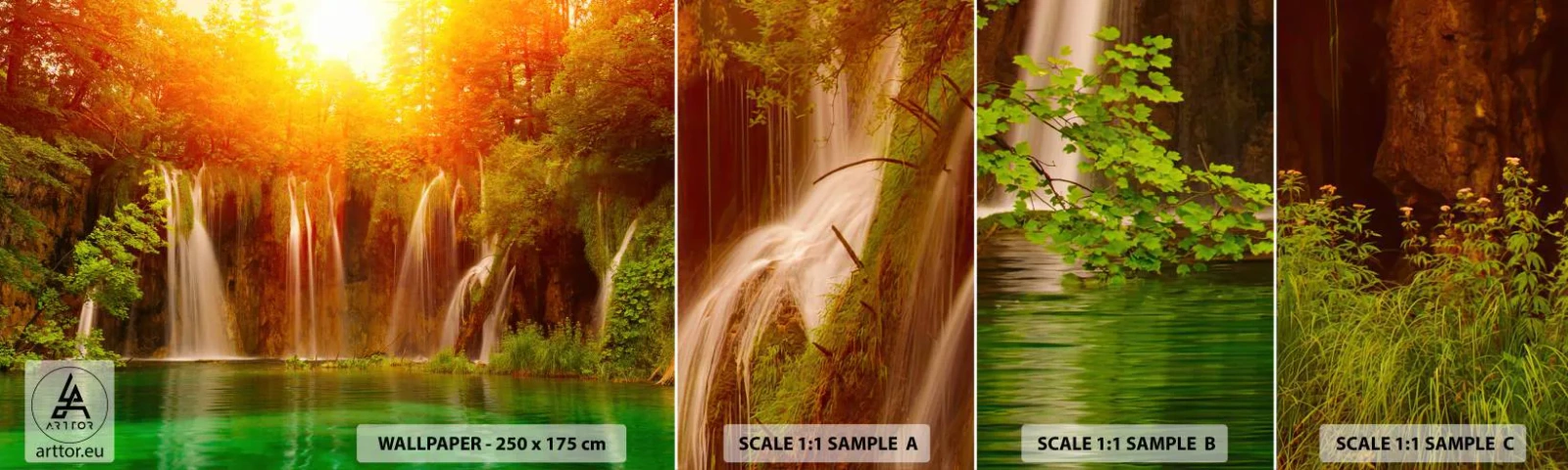 Amostra de papel de parede autocolante Deluxe Sticker - Ao sol e à sombra - Paisagem, Cachoeira, Croácia - 100x30 cm