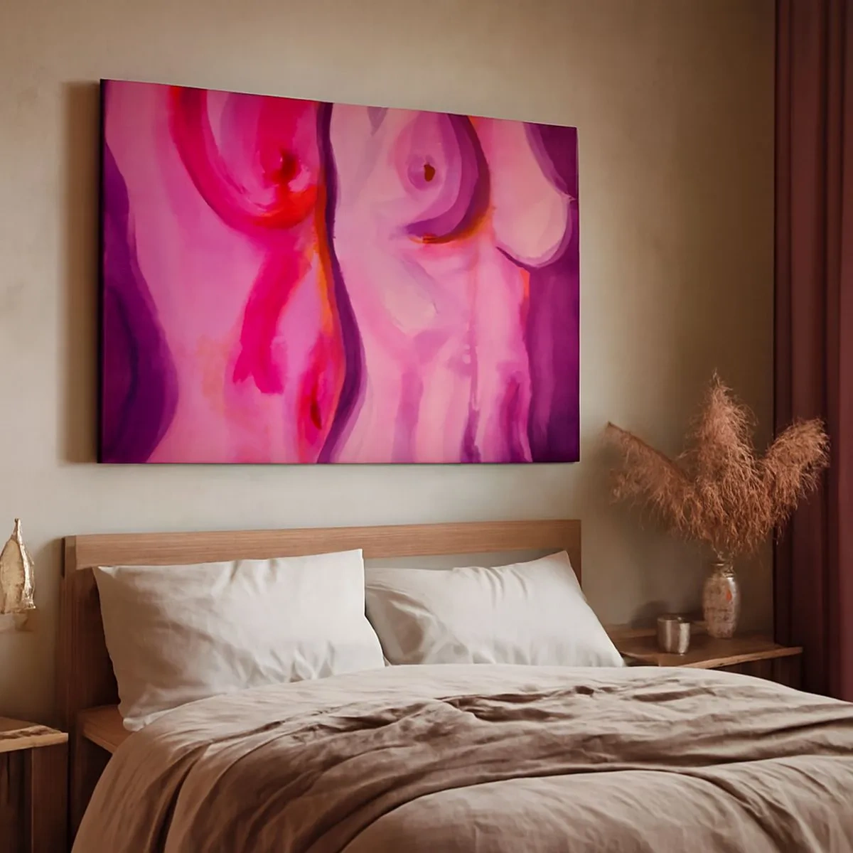Quadro em tela - Uma interpretação abstrata da silhueta feminina em tons de rosa e roxo. - 70x50cm - Ode à Feminilidade - Decoração de parede moderna para a sala de estar e quarto ARTTOR