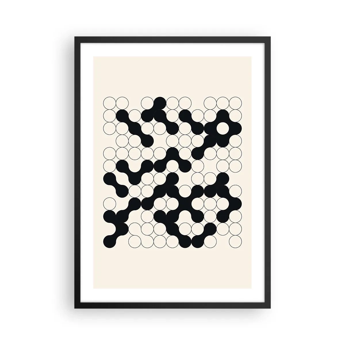 Pôster com moldura preta - Composição geométrica de círculos pretos e brancos - 50x70cm - Jogo chinês – variação - Decoração de parede moderna para a sala de estar e quarto ARTTOR