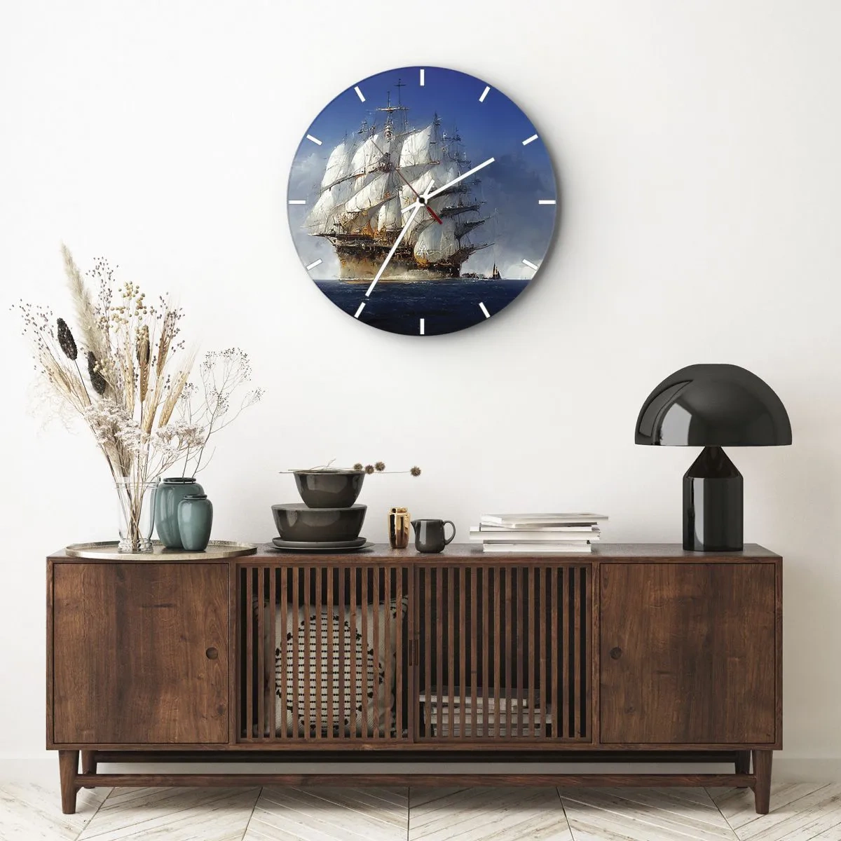 Relógio de parede - Relógio em vidro - Um veleiro com suas velas abertas, navegando pelo mar contra o vento. - 30x30cm - A grande glória! - Decoração de parede moderna para a sala de estar, cozinha e quarto ARTTOR