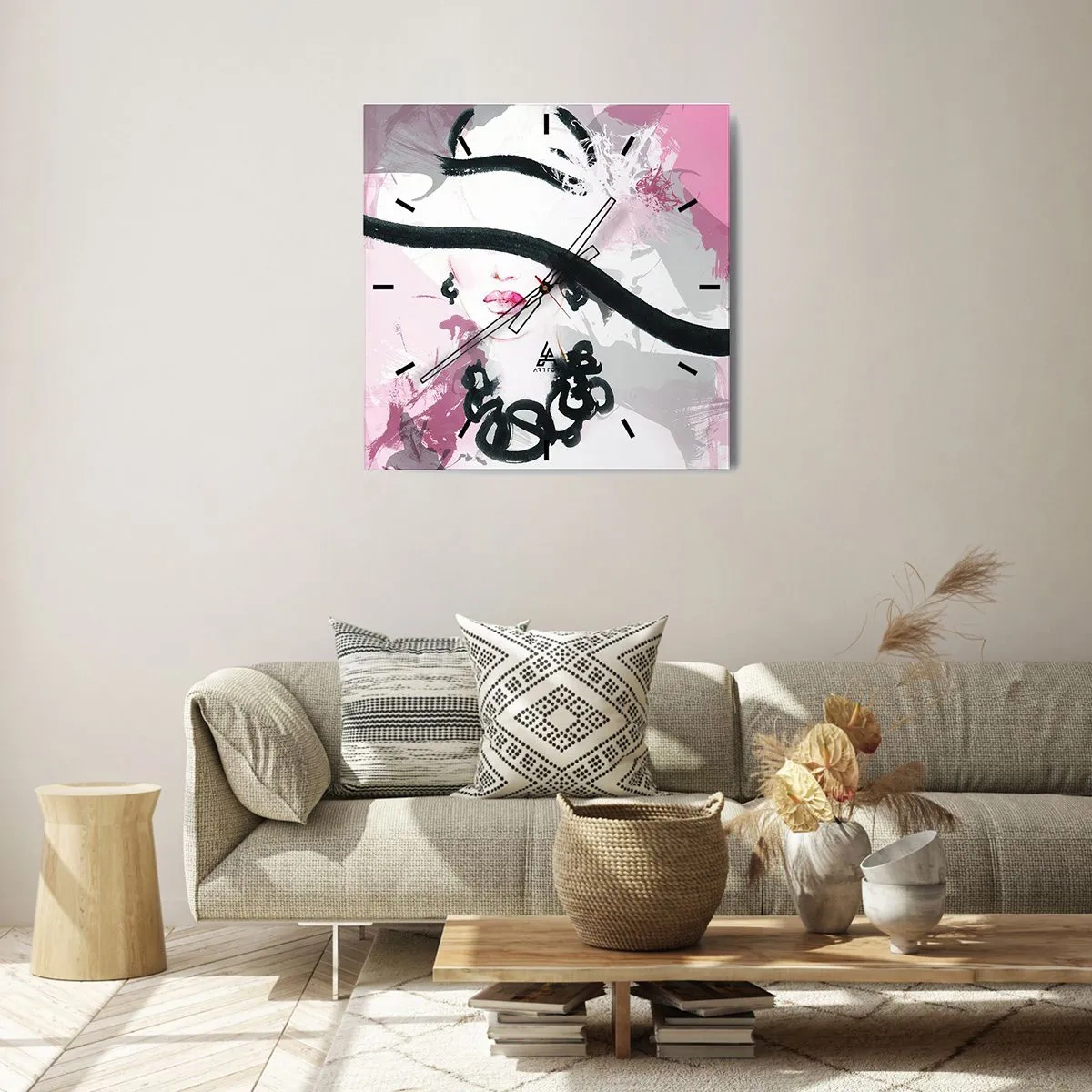 Relógio de parede - Relógio em vidro - Retrato de uma dama a preto e rosa - 30x30 cm