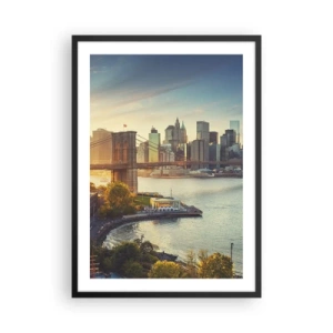 Pôster com moldura preta - Ponte do Brooklyn e horizonte de Manhattan ao anoitecer - 50x70cm - O amanhecer da cidade grande - Decoração de parede moderna para a sala de estar e quarto ARTTOR