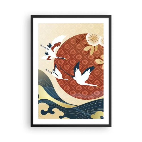 Pôster com moldura preta - Composição japonesa com guindastes, ondas e um círculo vermelho - 50x70cm - Conto de fadas japonês - Decoração de parede moderna para a sala de estar e quarto ARTTOR