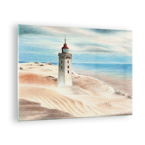 Quadro em vidro - Um farol em uma duna deserta perto de um mar calmo - 70x50cm - Sempre a olhar para o mar - Decoração de parede moderna para a sala de estar e quarto ARTTOR