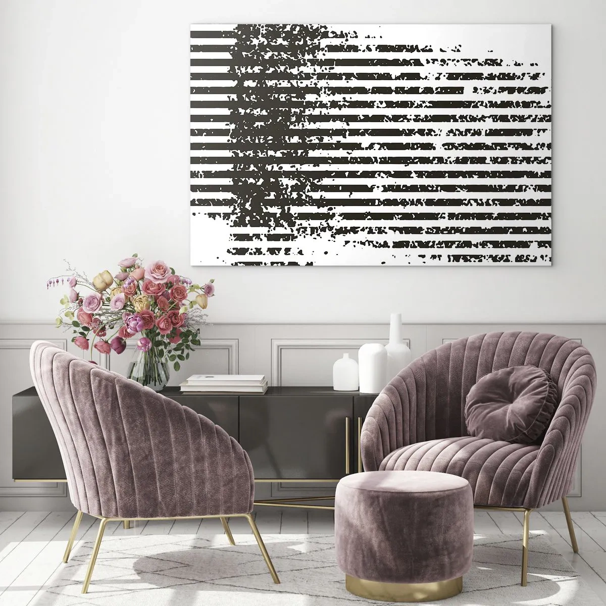 Quadro em vidro - Linhas horizontais pretas e brancas com efeitos de ruído e abrasão - 70x50cm - Ritmo e ruído - Decoração de parede moderna para a sala de estar e quarto ARTTOR