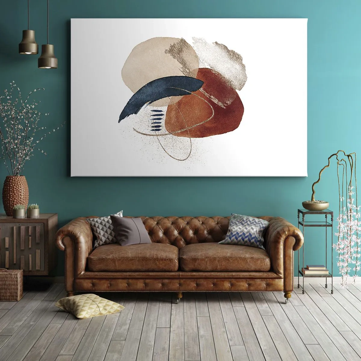 Quadro em tela - Uma composição abstrata com manchas em tons terrosos e azul-marinho. - 70x50cm - Composição oval - Decoração de parede moderna para a sala de estar e quarto ARTTOR