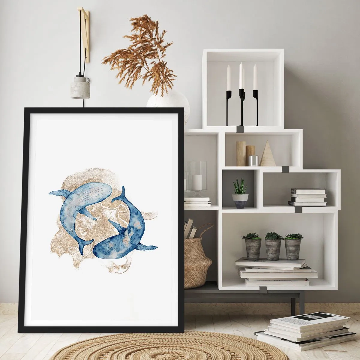 Pôster com moldura preta - Uma pintura abstrata de duas baleias-comuns - 50x70cm - Amizade ou amor? - Decoração de parede moderna para a sala de estar e quarto ARTTOR
