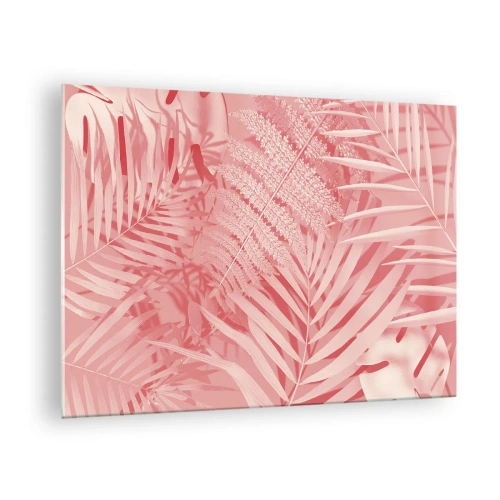 Quadro em vidro - Folhas tropicais rosa em uma composição moderna - 70x50cm - Conceito cor-de-rosa - Decoração de parede moderna para a sala de estar e quarto ARTTOR