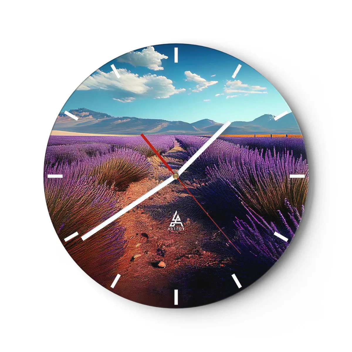 Relógio de parede - Relógio em vidro - Um campo de lavanda com uma paisagem montanhosa ao fundo - 30x30cm - Campos perfumados - Decoração de parede moderna para a sala de estar, cozinha e quarto ARTTOR