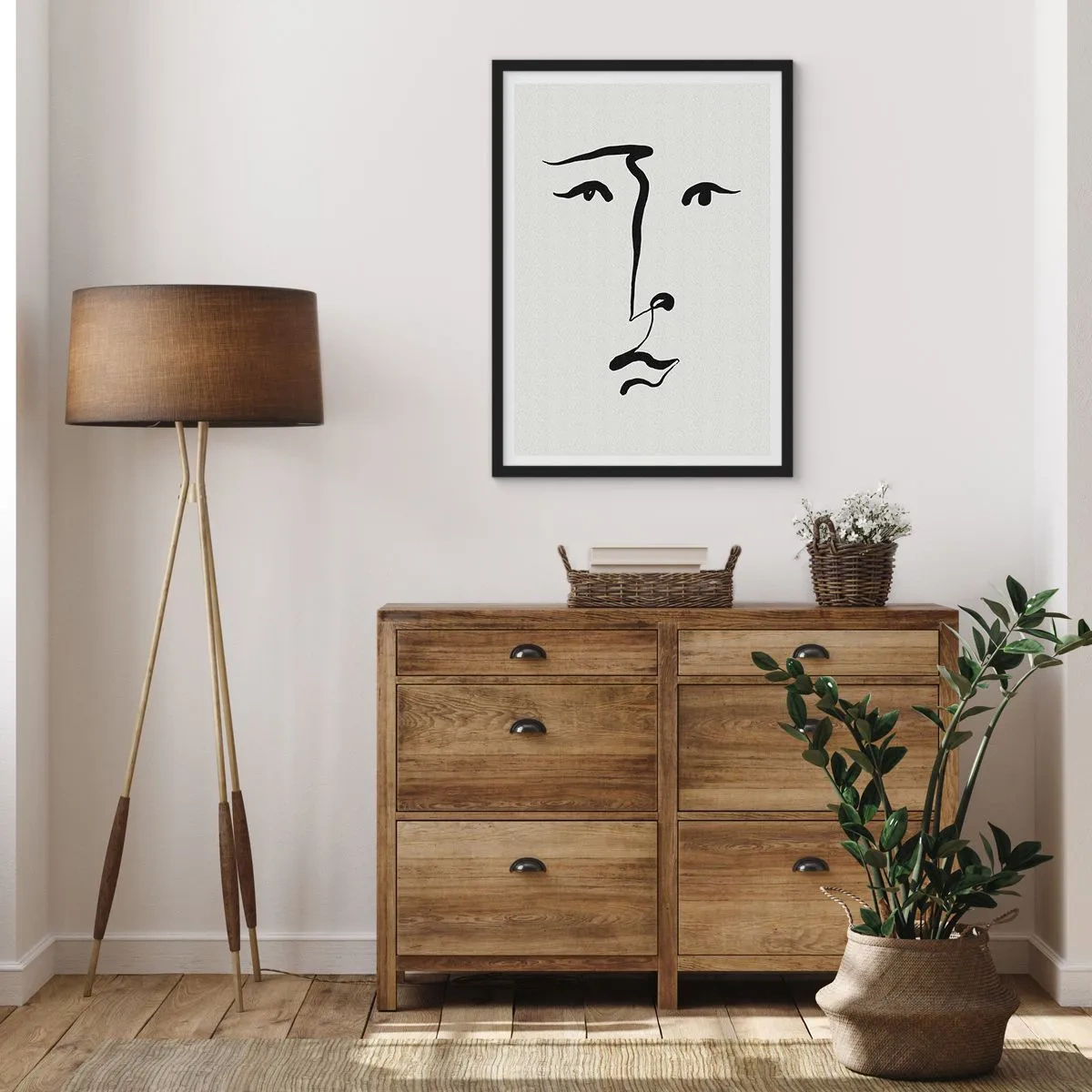 Pôster com moldura preta - Ilustração minimalista de rosto em uma pincelada - 50x70cm - Retrato com uma linha - Decoração de parede moderna para a sala de estar e quarto ARTTOR