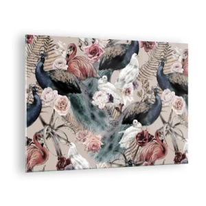 Quadro em vidro - Pavões e flamingos cercados por rosas e samambaias - 70x50cm - No jardim do palácio - Decoração de parede moderna para a sala de estar e quarto ARTTOR